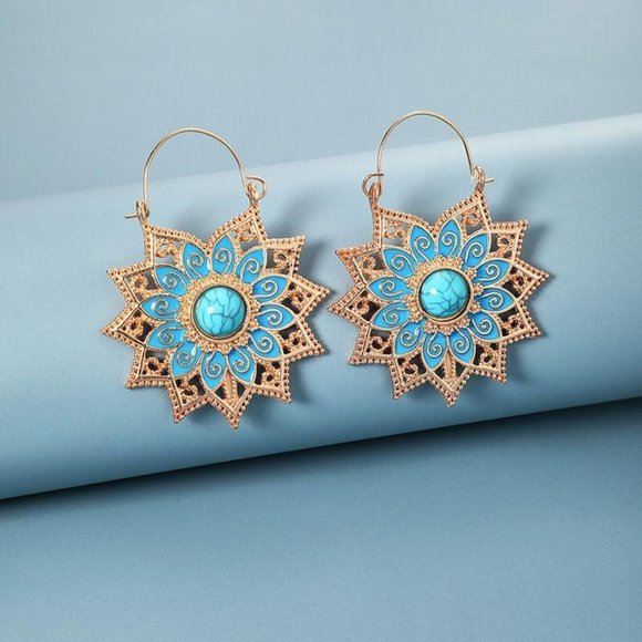 Silver Retro Sunflower Turquoise Dangle Earrings - Picture 4 of 8